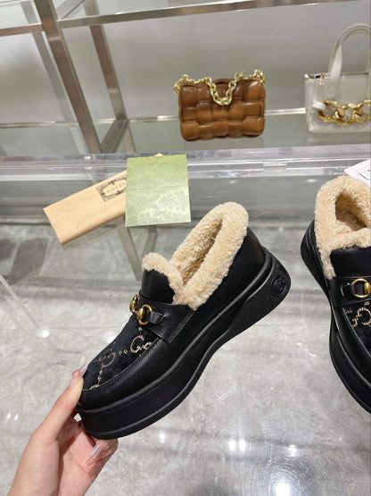 GG Snow Boots Black  Calfskin Suede Wool 576251