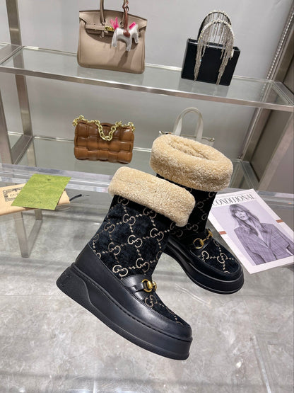 Gucci 2025 Monogram Boot Black Beige Wool Suede Calfskin 564687