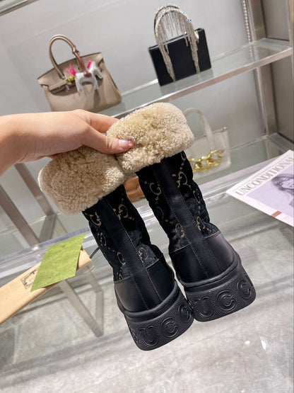 Gucci 2025 Monogram Boot Black Beige Wool Suede Calfskin 564687