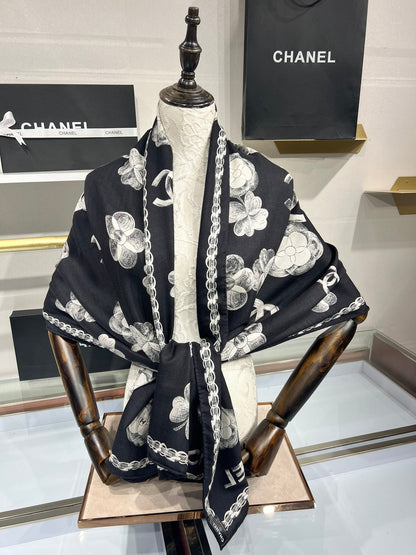 CC Scarf 185 CM In Black White Cashmere Silk  413590