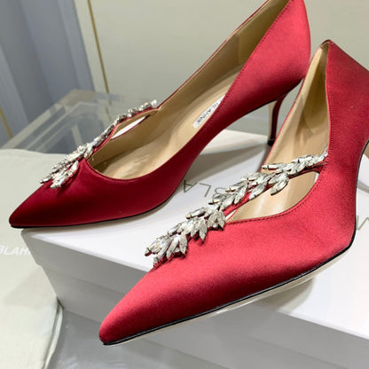 Manolo Wheat Ear Rhinestone Pumps Dark Red Silk Fabric 306595
