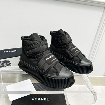 CC High Top Sneaker Thick-Soled Black Rain Velvet Fabric