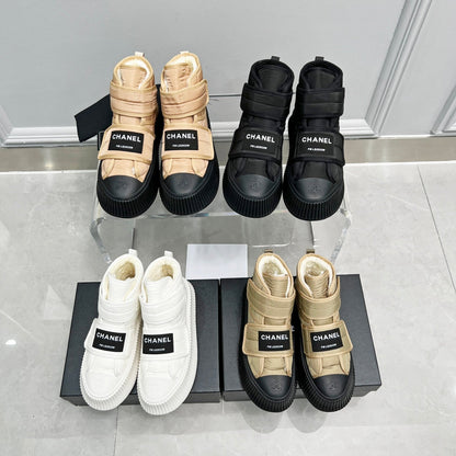 CC High Top Sneaker Thick-Soled White Rain Velvet Fabric