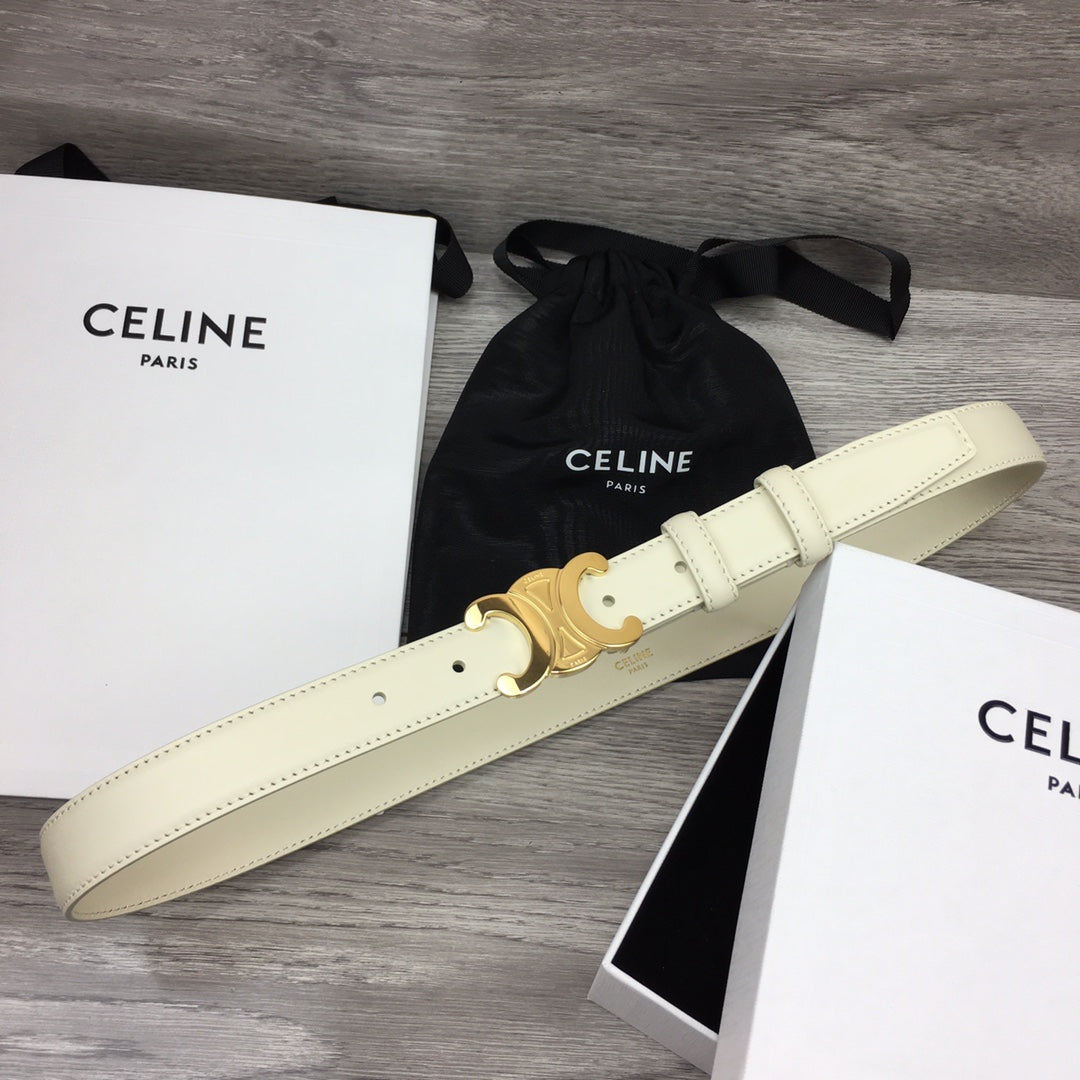 CL MEDIUM 25 MM TRIOMPHE BELT IN WHITE LEATHER GOLD HARDWARE