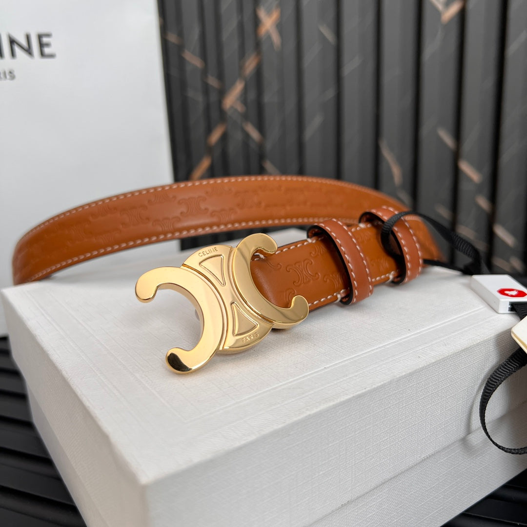 CEL 25mm Triomphe Belt in Taurillon Brown Embossed Leather 176290