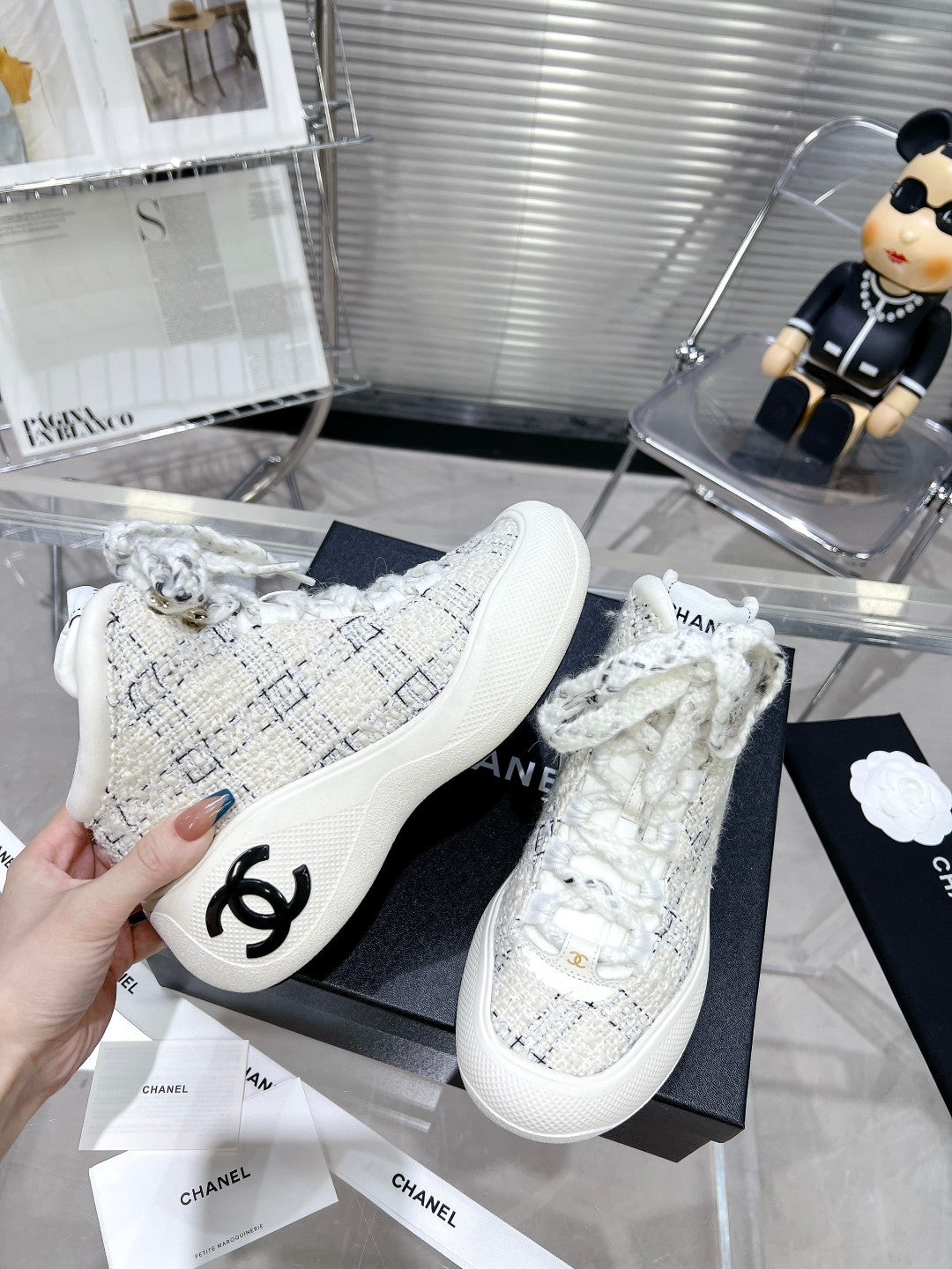 CC CANO ALTO SNEAKER IN WHITE WOOL TWEED AND RUBBER