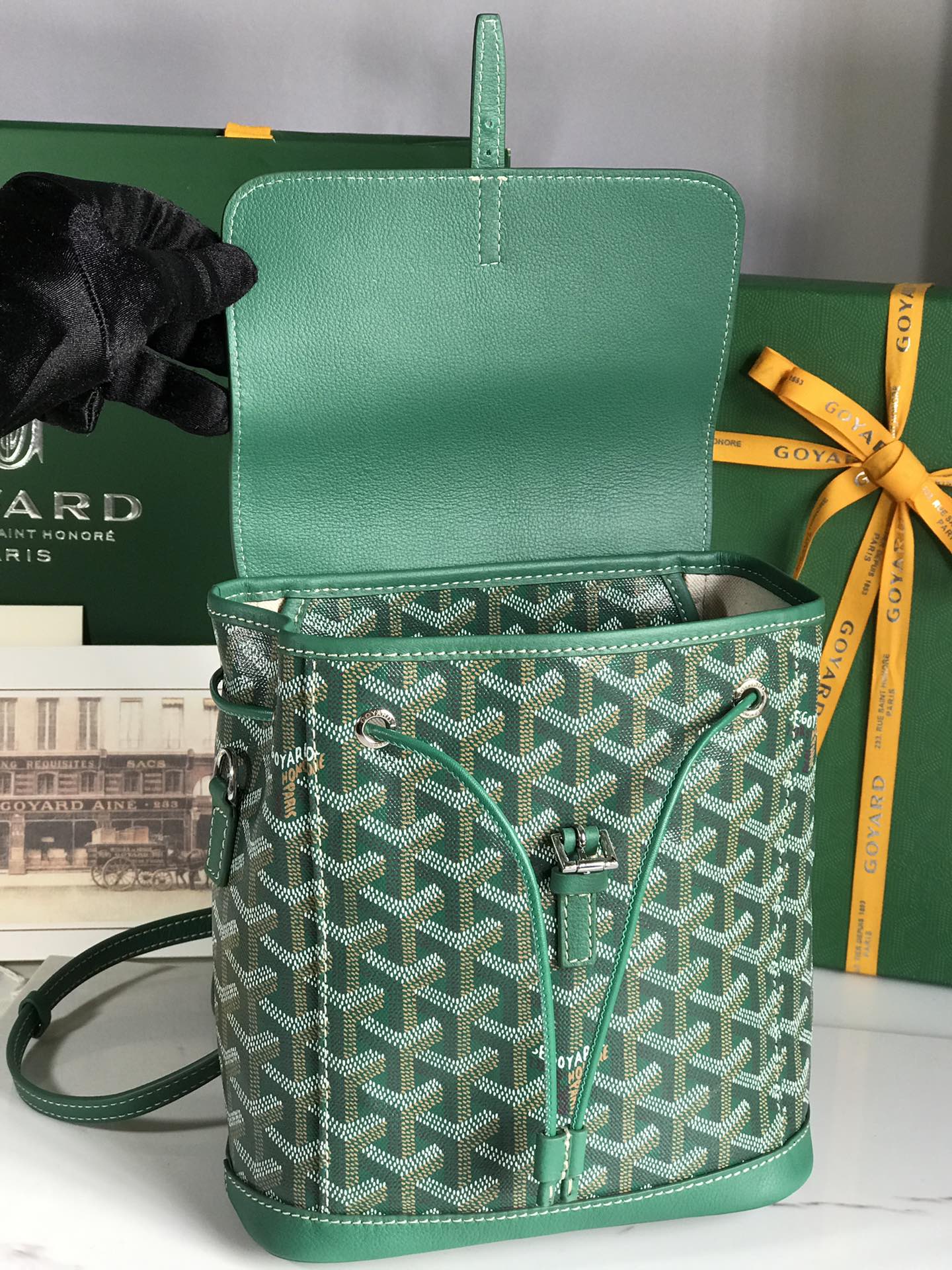 ALPIN MINI BACKPACK 21 IN GREEN LAMBSKIN AND GOYARDINE CANVAS