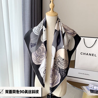 CC Square Scarf 90 CM In White Black Mix Grey Light Beige Silk 288698