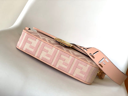 Fend Baguette Pink Canvas Bag 27 with FF Embroidery Ghw