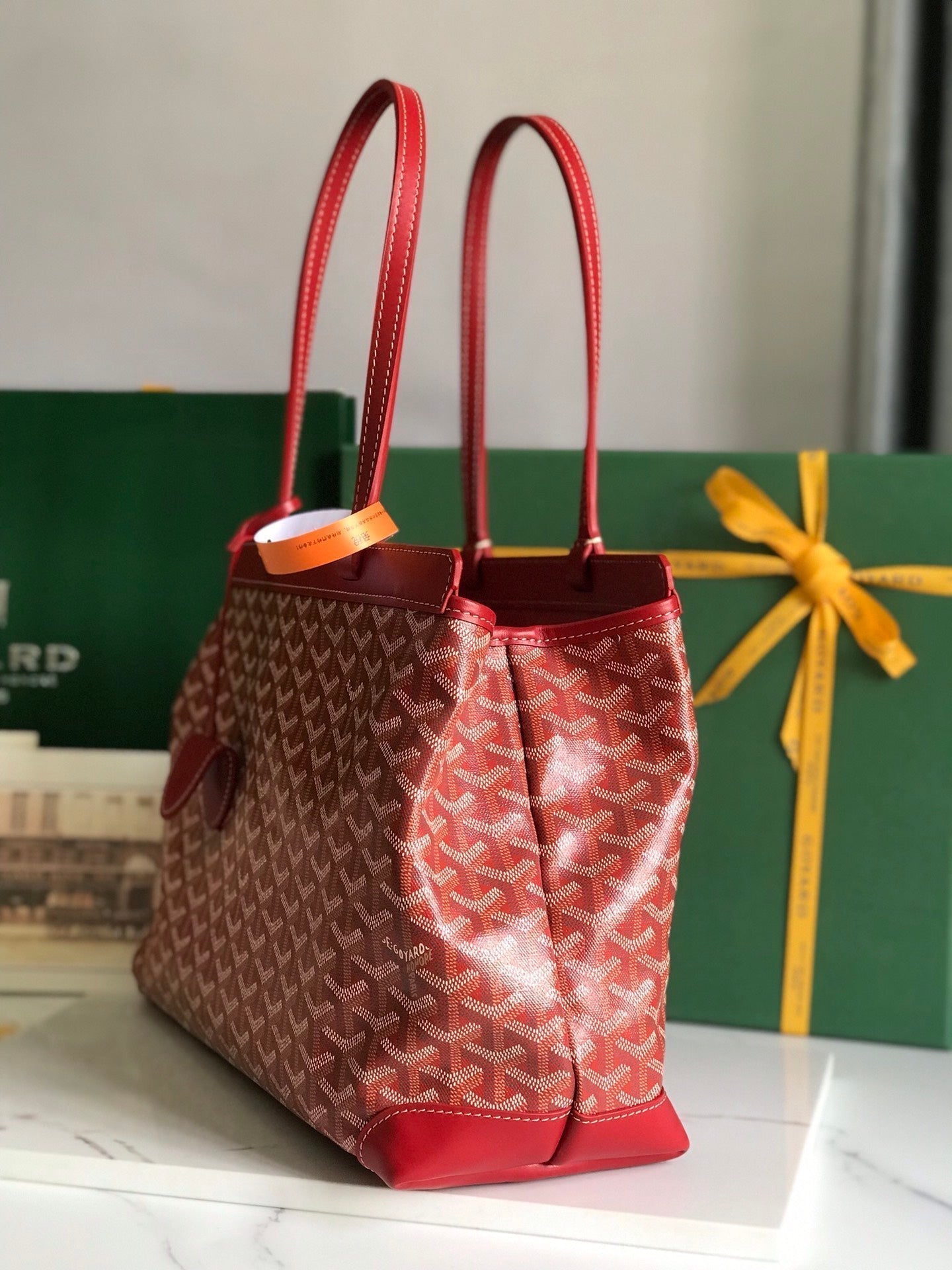 BELLECHASSE BIAUDE PM BAG 36 IN CLASSIC RED GOYARDINE CANVAS AND CALFSKIN TRIM