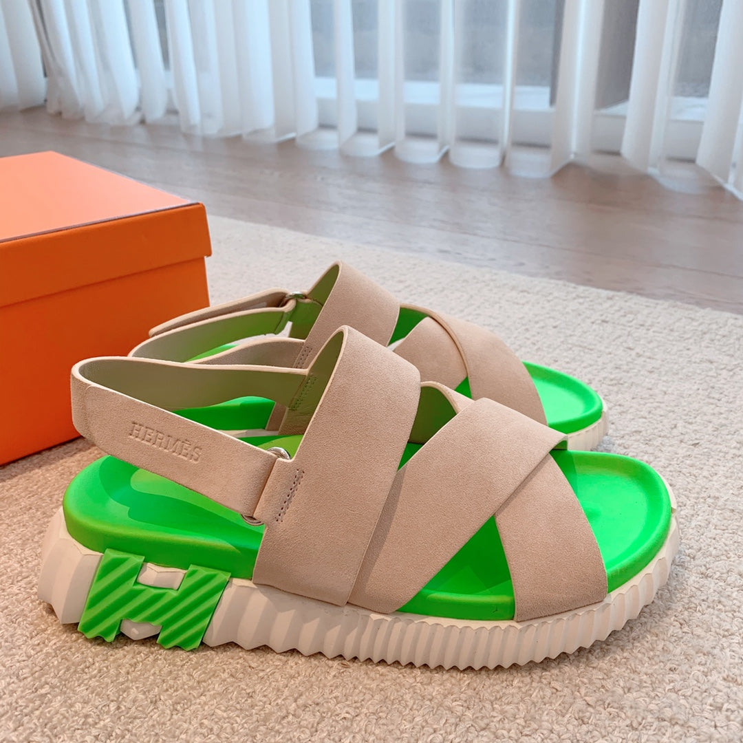 HM ELECTRIC SANDAL PARAKEET AND KHAKI CALFSKIN