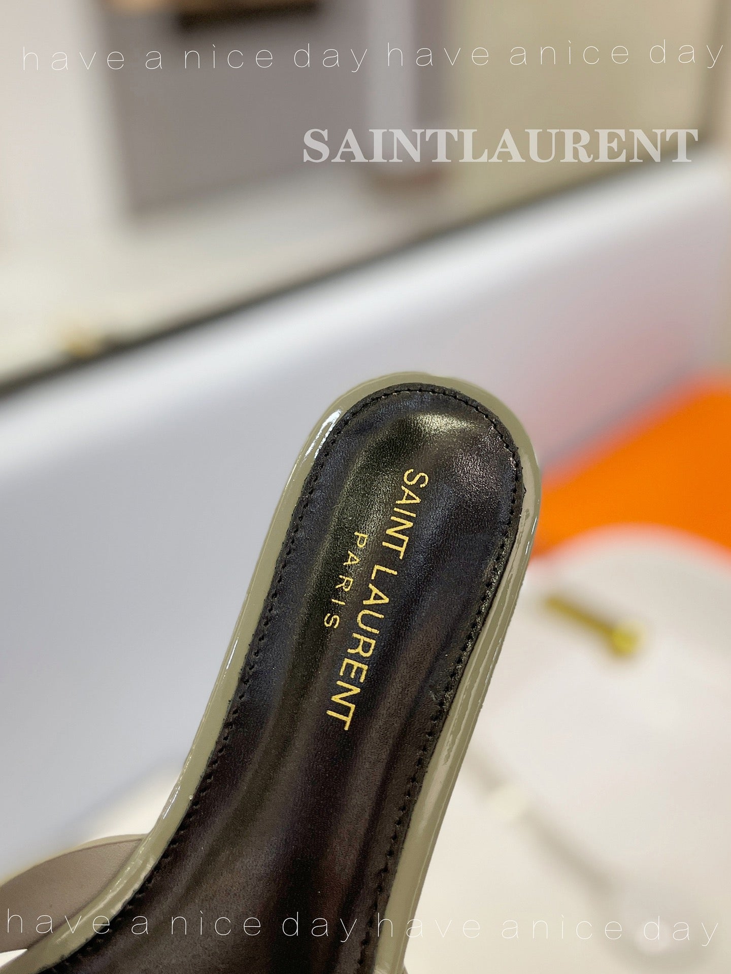 SL TRIBUTE SLIPPERS GLOSSY SAGE CALFSKIN