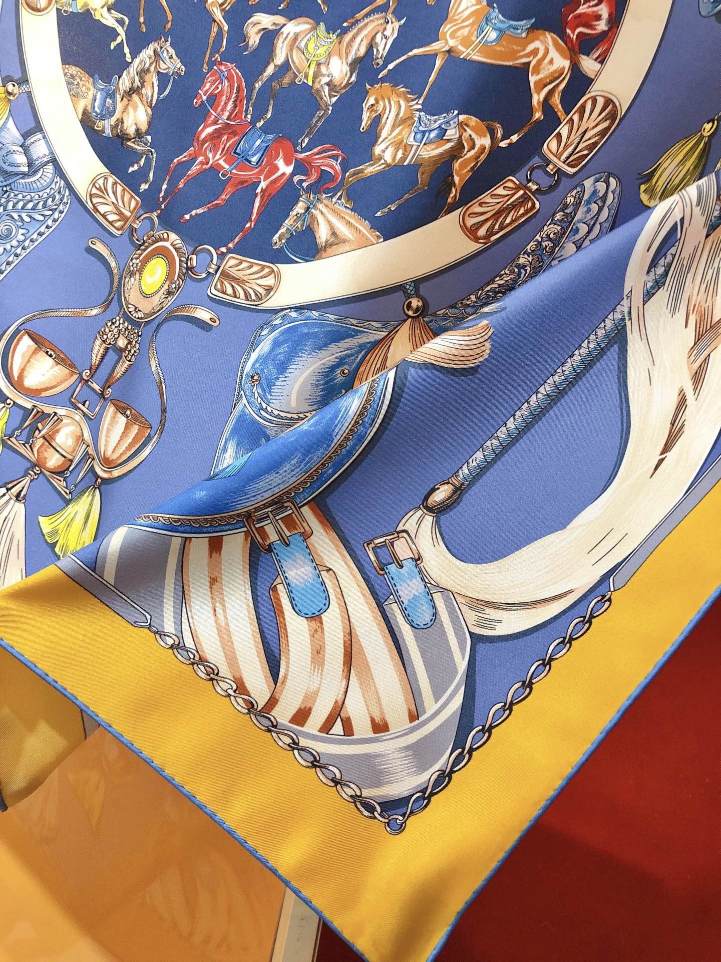 Cavalcades Scarf 90 CM In Blue Yellow Colorful Silk Twill 288859