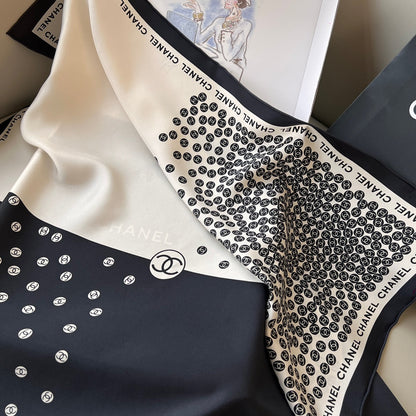 CC Square Scarf 90 CM In White Mix Black Logo Print Silk Twill 288696
