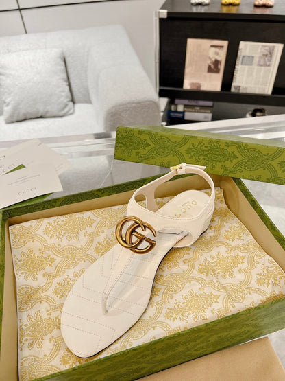 GC Double G Block Heel Thong Sandals White Leather 292408