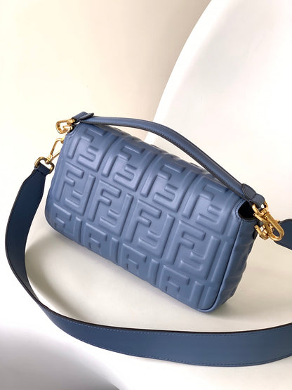 Fend Baguette 27 Bag With FF Motif Blue Leather Ghw