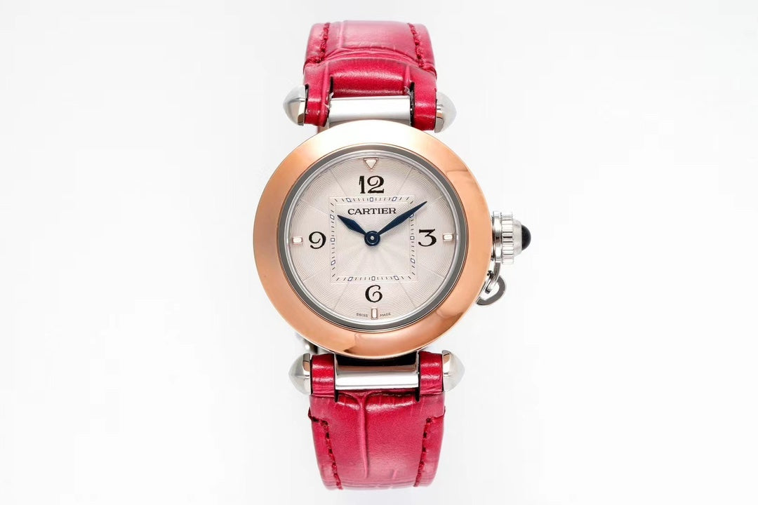 pasha 30mm quartz pink gold white dial red leather