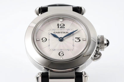 pasha 30mm quartz stainless steel white dial black leather