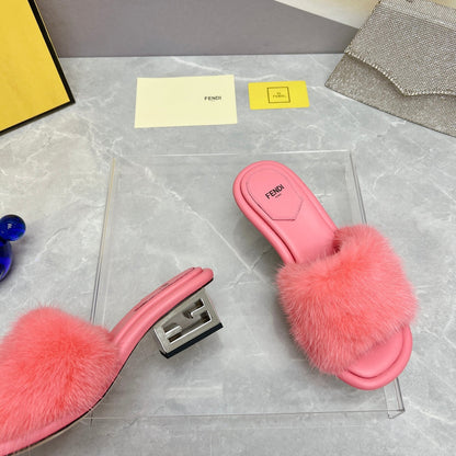 FENDI BAGUETTE MINK MEDIUM-HEELED 45MM IN PUNCH PINK FUR AND LAMBSKIN