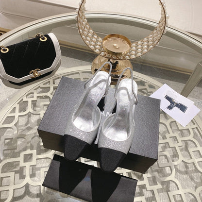 slingback 6.5 glitter silver black grosgrain