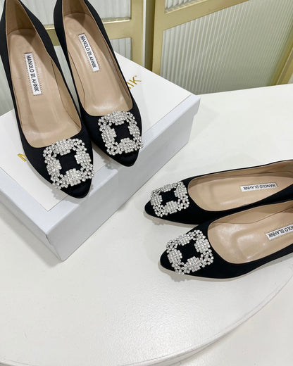 Manolo Hangisi Black Satin Jewel Buckle Pump 95