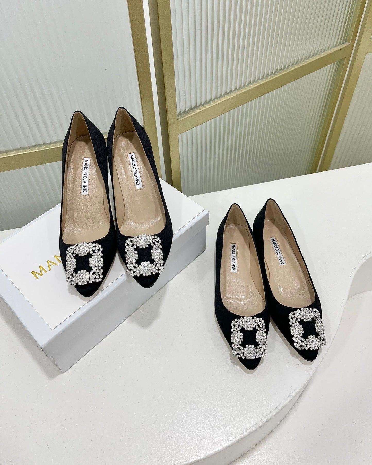 Manolo Hangisi Black Satin Jewel Buckle Pump 95