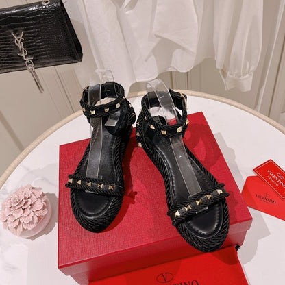 VT Rockstud Platform Sandals 65mm Black Espadrilles Calfskin 521309
