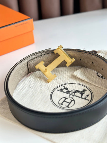 HM Gold H Buckle & Reversible 32mm Belt Beige mix Black leather 124654