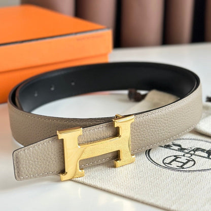 HM Gold H Buckle & Reversible 32mm Belt Beige mix Black leather 124654