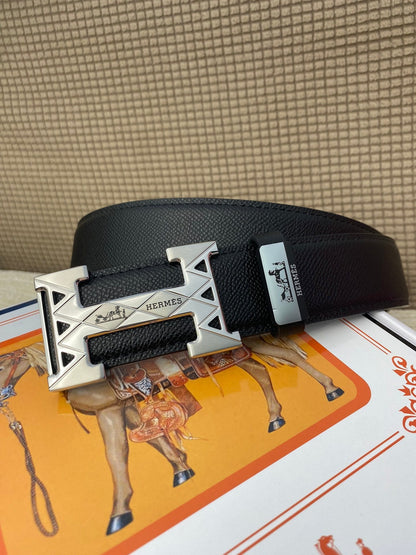 HM Belt 38mm Black Cowhide Leather Sliver Buckle 619066