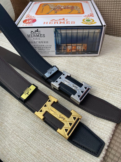 HM Belt 38mm Black Cowhide Leather Sliver Buckle 619066