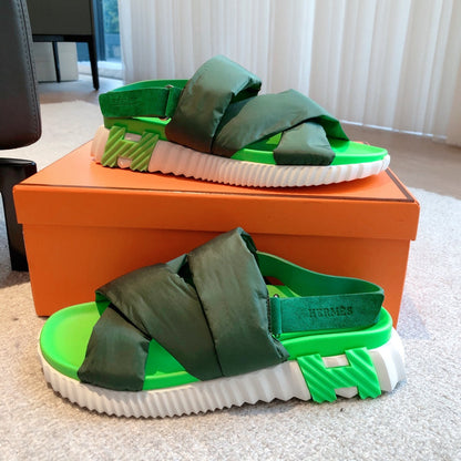 HM ELECTRIC SANDAL DARK GREEN FABRIC AND CALFSKIN