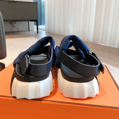 HM ELECTRIC SANDAL COBALT FABRIC AND CALFSKIN