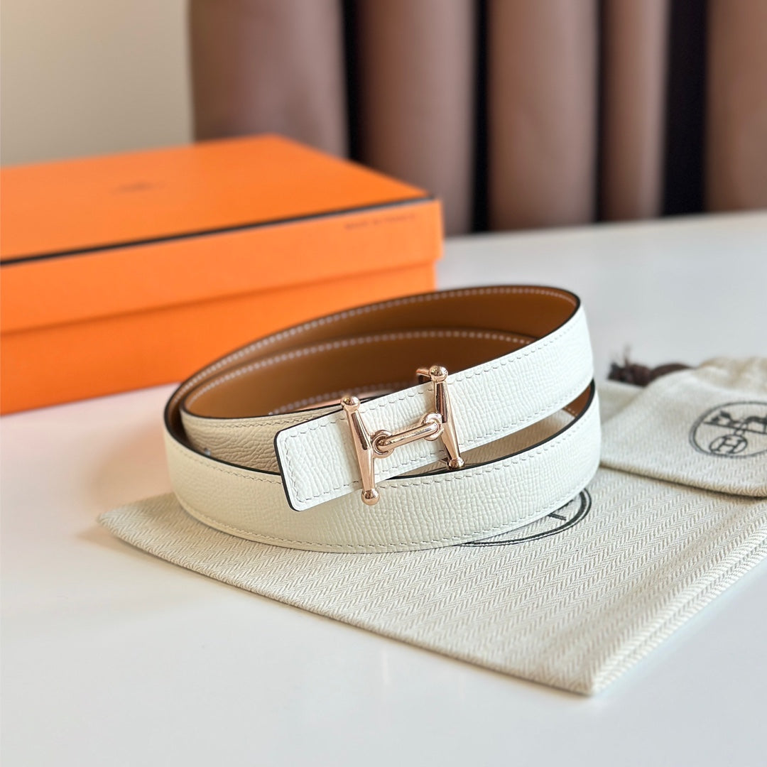 HM Pink Gold Mors H buckle & Reversible 24 mm belt Brown White leather 125363
