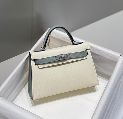 HM Mini Kelly 19cm Cream Cloud Blue Epsom Silver Hardware