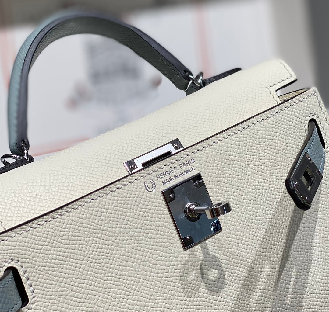 HM Mini Kelly 19cm Cream Cloud Blue Epsom Silver Hardware