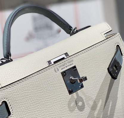 HM Mini Kelly 19cm Cream Cloud Blue Epsom Silver Hardware