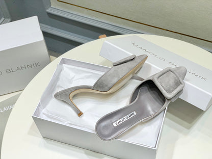 Manolo Mules 7cm Grey Suede Leather Bottom 451193
