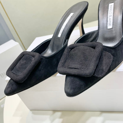 Manolo Mules 7cm Black Suede Leather Bottom 451190