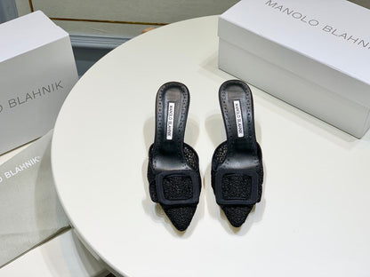 Manolo Mules 7cm Black Hollow Lace Leather Bottom 451197
