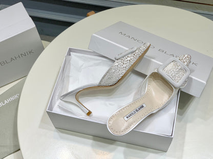 Manolo Mules 7cm White Hollow Lace Leather Bottom 451198