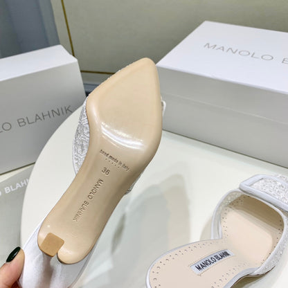 Manolo Mules 7cm White Hollow Lace Leather Bottom 451198