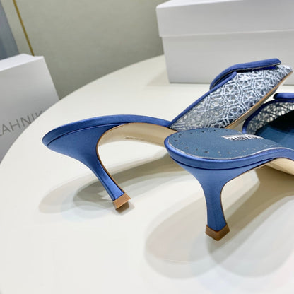 Manolo Mules 7cm Blue Hollow Lace Leather Bottom 451199