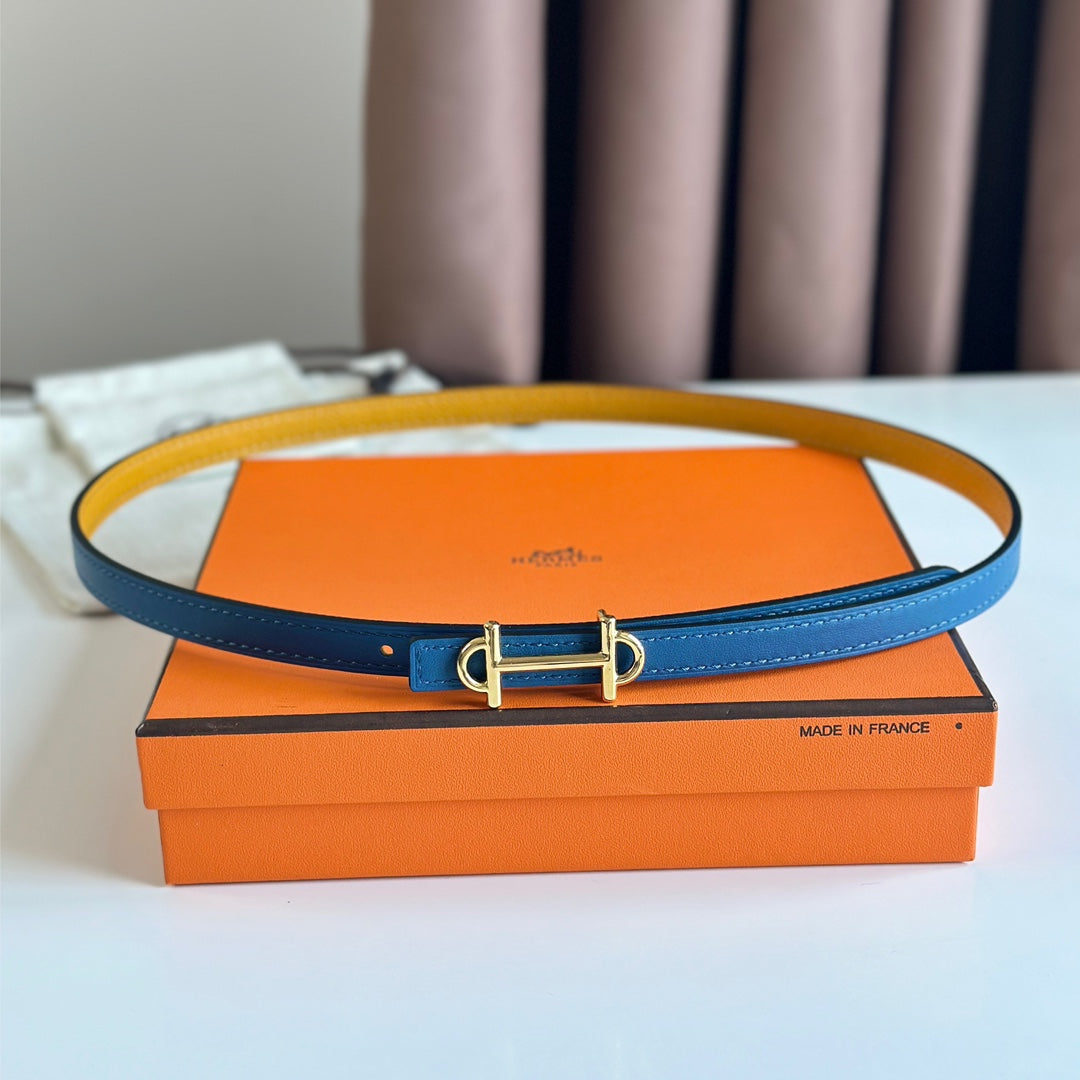 HM GAMMA BUCKLE & REVERSIBLE GOLDEN AND BLUE LEATHER STRAP 13MM GOLD HARDWARE