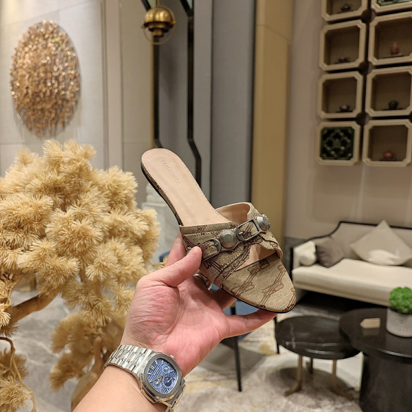 Balenciaga 26s Flat Slippers Light Brown Canvas Leather  681304