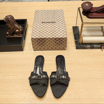 Balenciaga 26s Flat Slippers Black Canvas Leather  681306