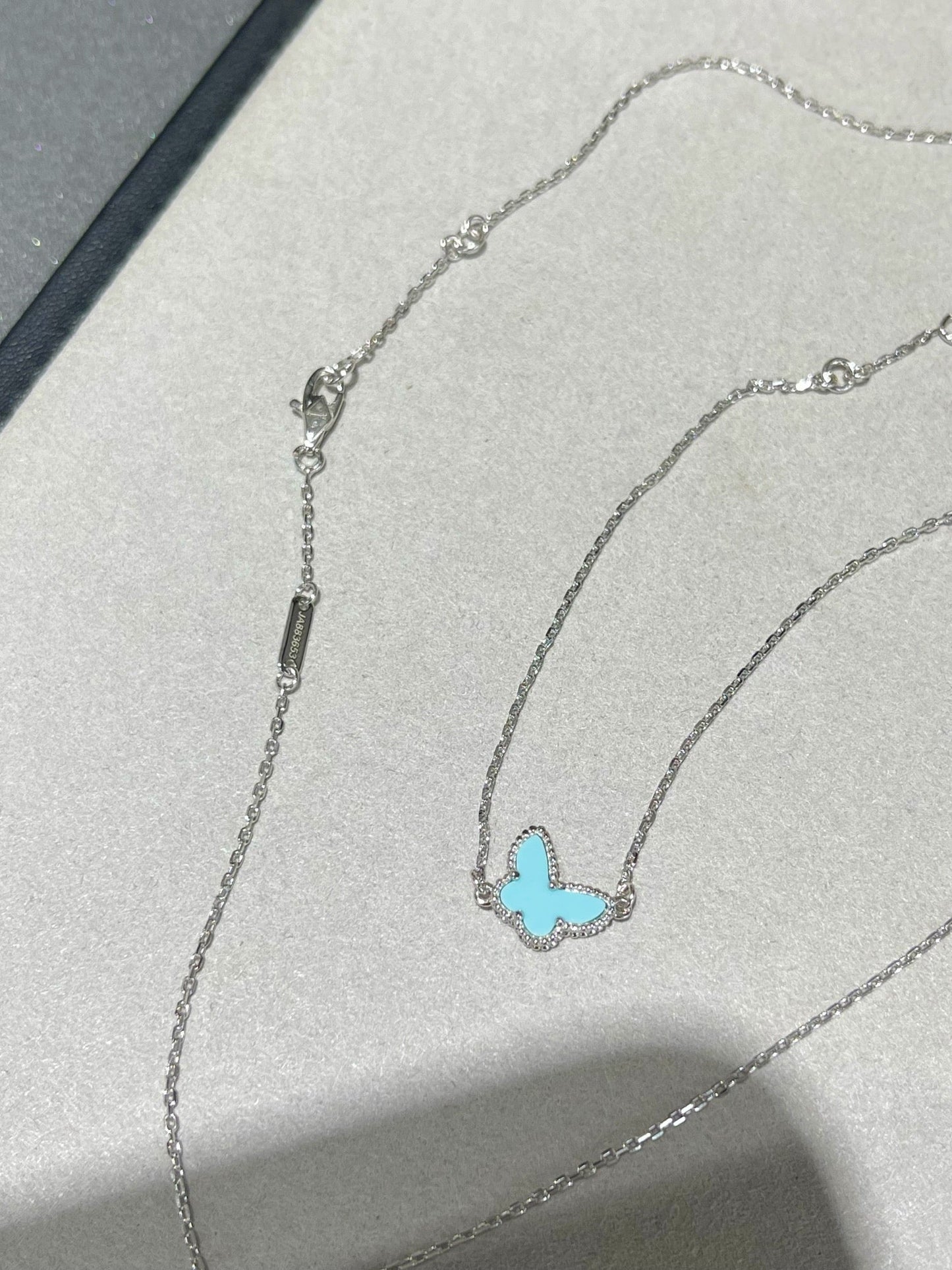 VCA Mini Butterfly Blue Ceramic Necklace Sliver