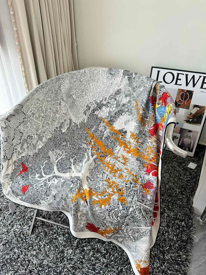Retourala Nature Hermes Scarf 140 CM White Black Colorful Silk