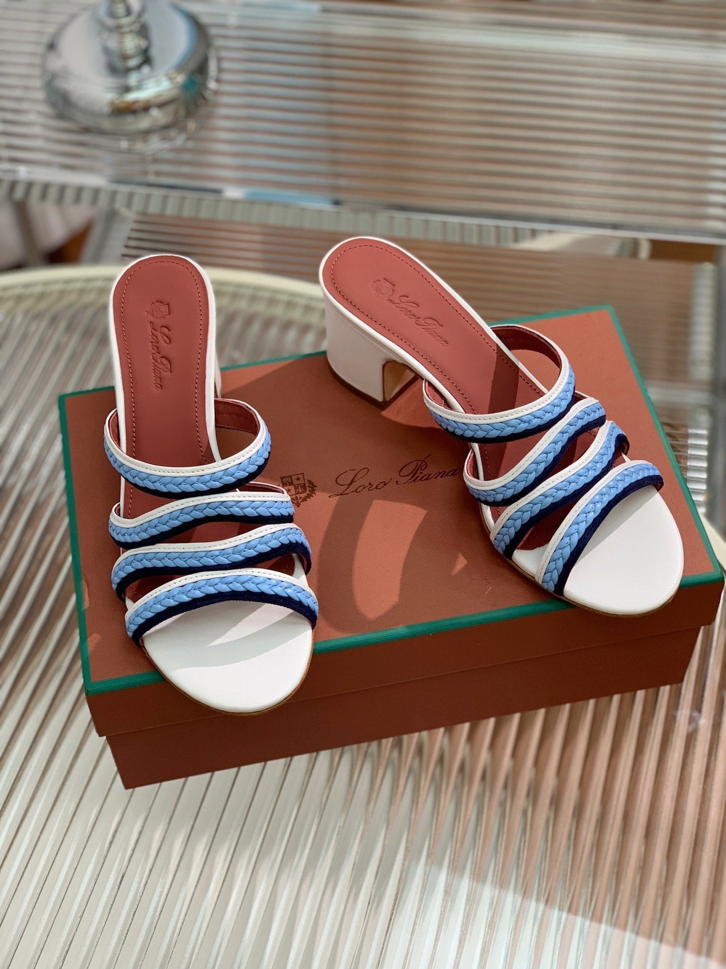 High Hee 60 Sprightly Charms Mule Sandal White Cloud Blue Navy Calfskin