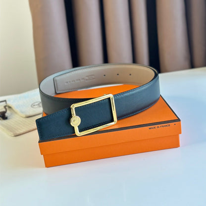 TUBE H BELT BUCKLE & REVERSIBLE KHAKI BROWN AND BLACK LEATHER STRAP 38MM GOLD HARDWARE